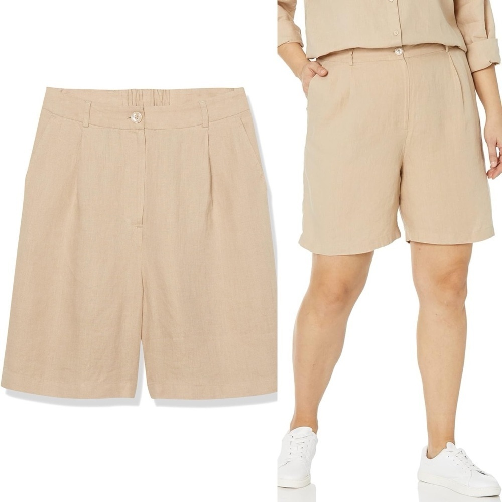 100% Linen - The Drop Women's Millie Loose-Fit Pleated Long Linen Walk Short